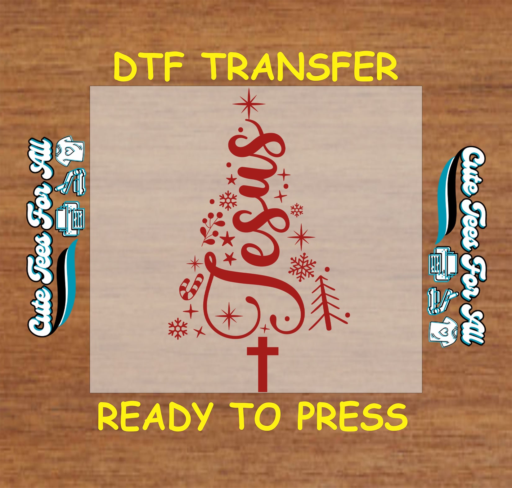 Red Jesus Christmas tree with cross and snowflakes ready to press dtf heat transfer for DIY Christmas shirts