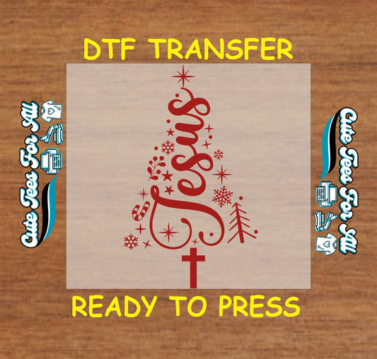 Red Jesus Christmas tree with cross and snowflakes ready to press dtf heat transfer for DIY Christmas shirts