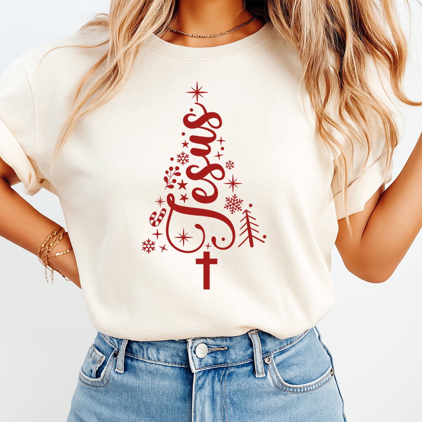 Christmas Jesus Tree DTF Transfer – Red Scripture Ready to Press Iron On Heat Transfer for DIY Christmas Shirts 12482