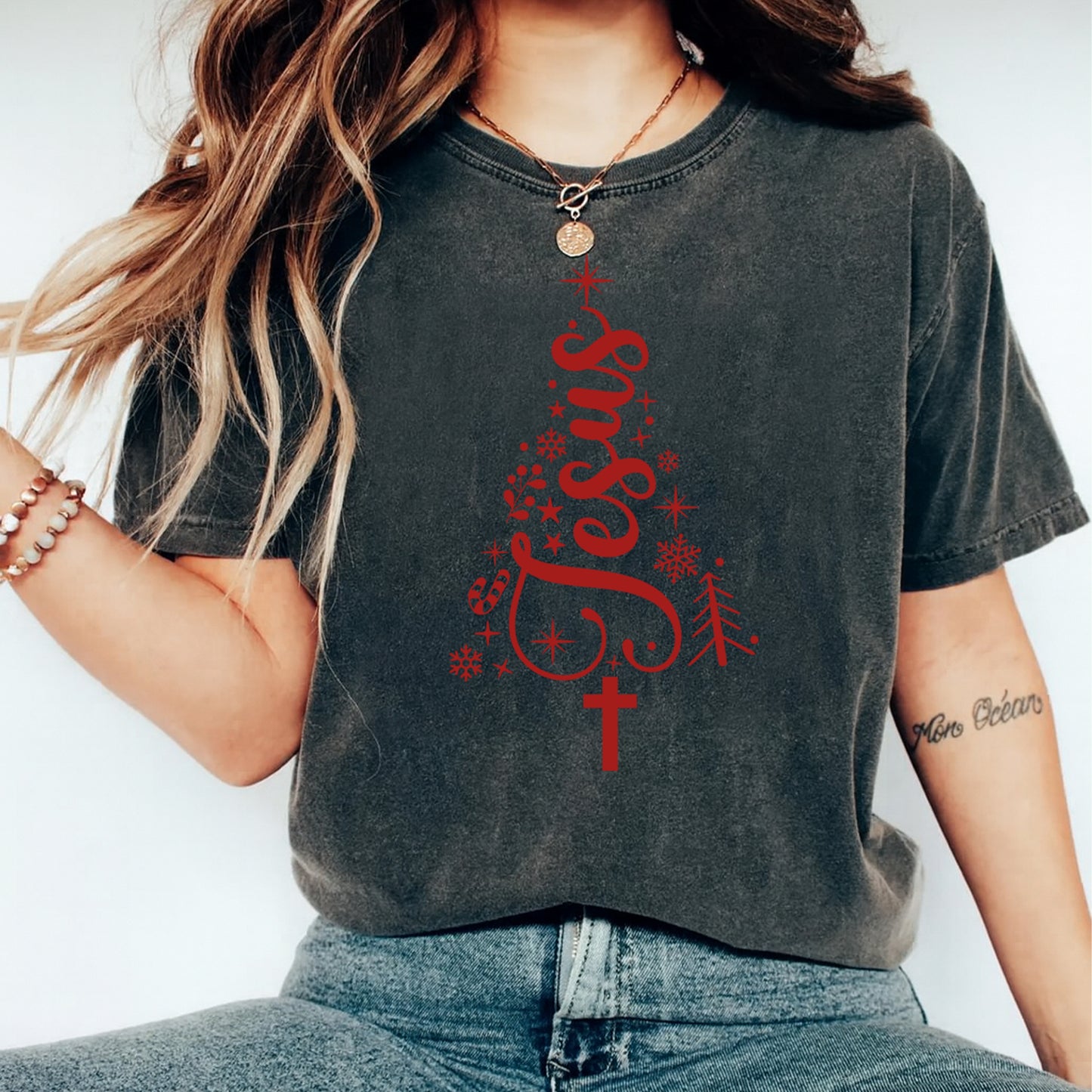 Christmas Jesus Tree DTF Transfer – Red Scripture Ready to Press Iron On Heat Transfer for DIY Christmas Shirts 12482