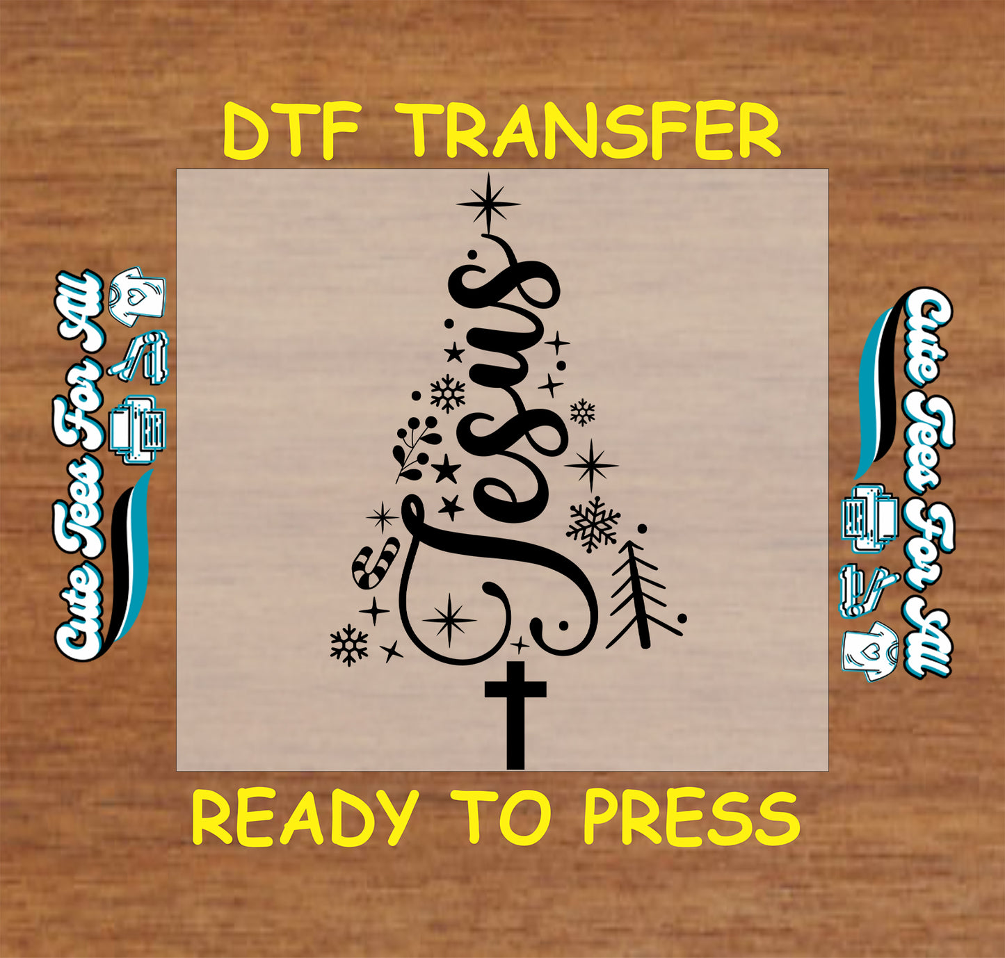 Black Jesus Christmas tree with cross and snowflakes ready to press dtf heat transfer for DIY Christmas shirts