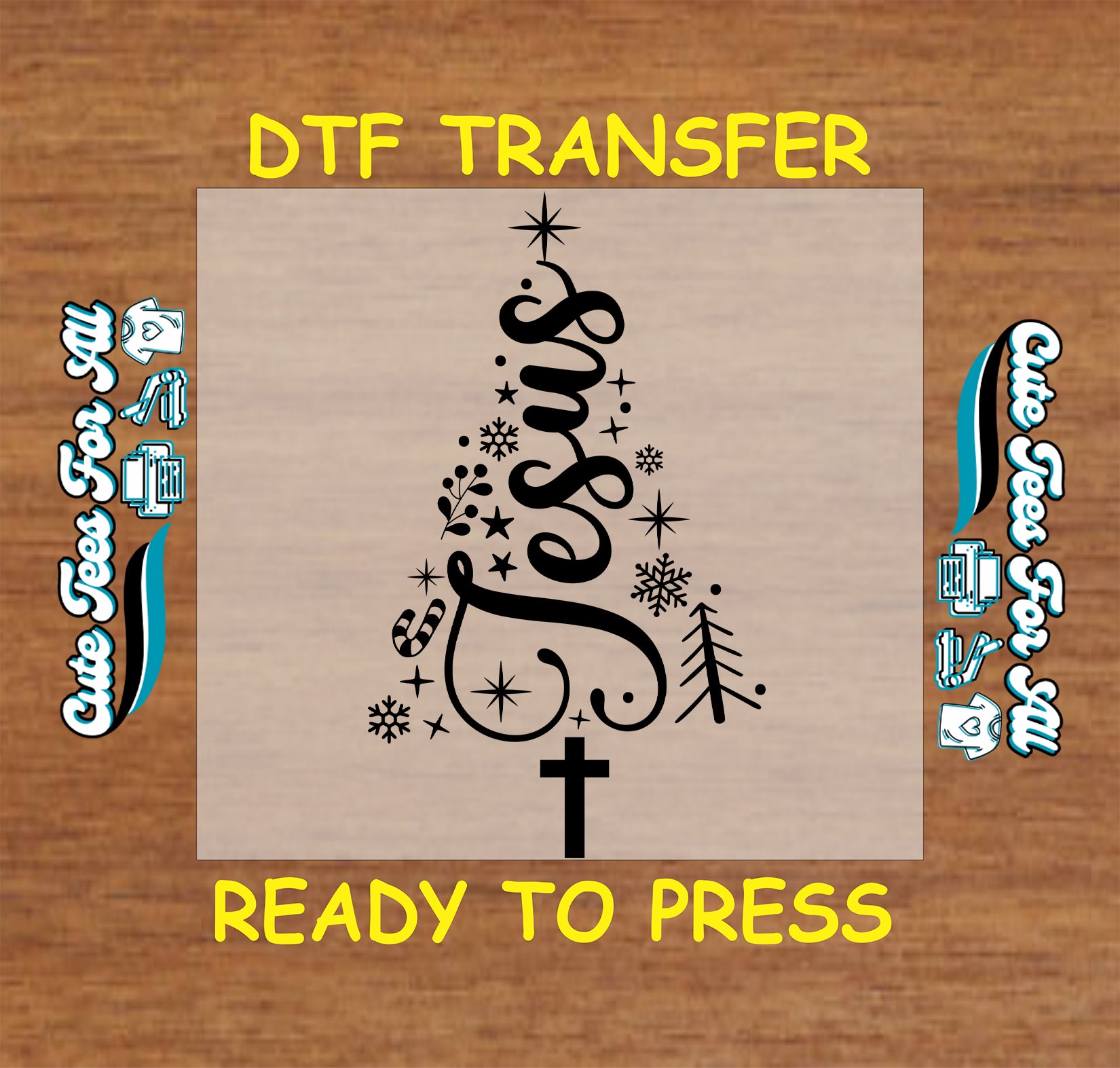 Black Jesus Christmas tree with cross and snowflakes ready to press dtf heat transfer for DIY Christmas shirts