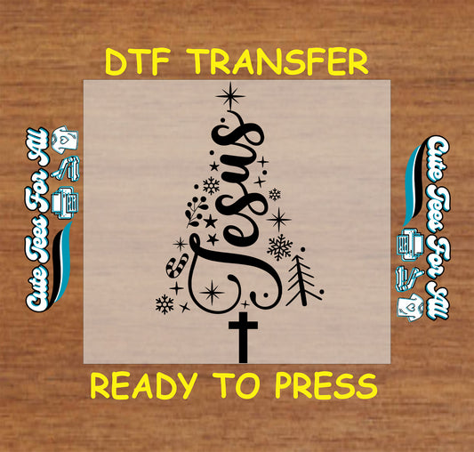 Black Jesus Christmas tree with cross and snowflakes ready to press dtf heat transfer for DIY Christmas shirts