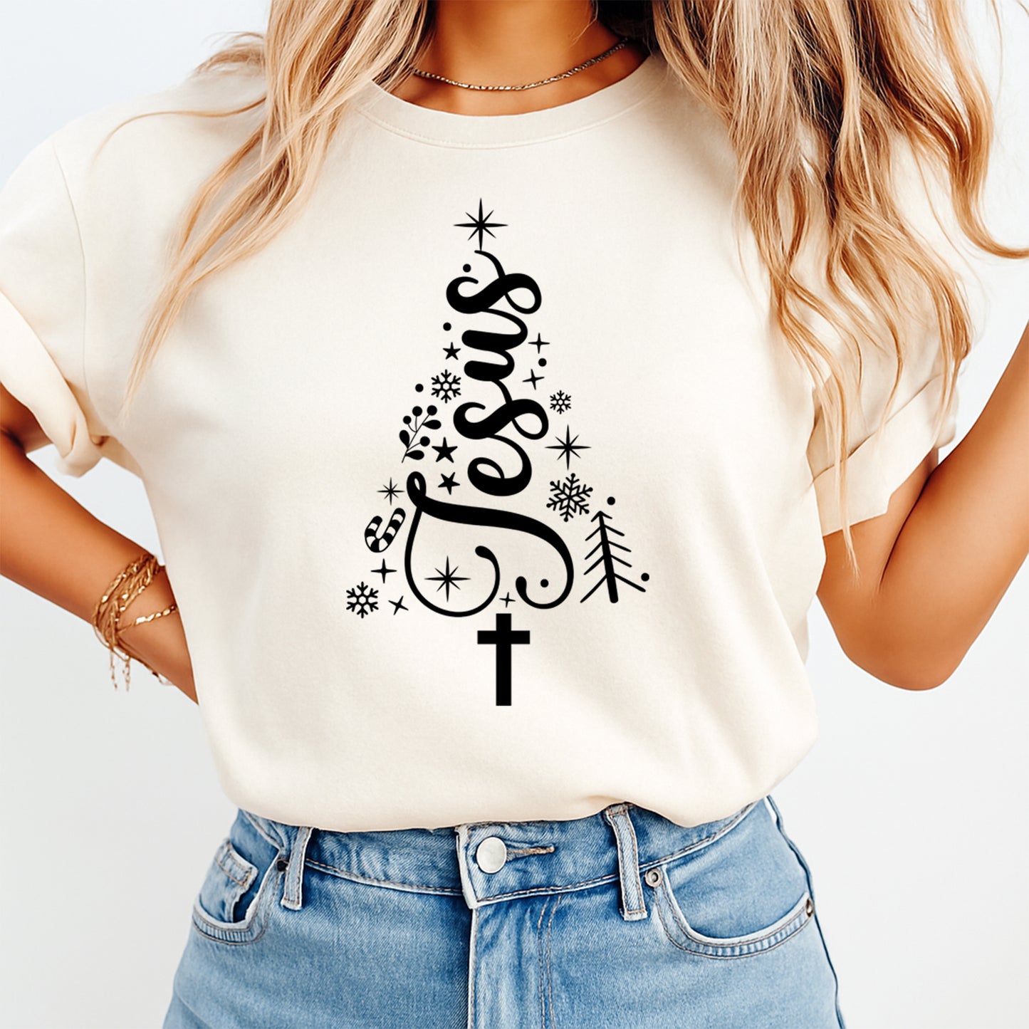 Christmas Jesus Tree DTF Transfer – Black Scripture Ready to Press Iron On Heat Transfer for DIY Christmas Shirts 12483