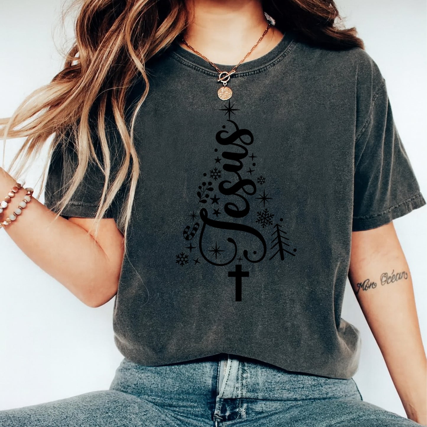 Christmas Jesus Tree DTF Transfer – Black Scripture Ready to Press Iron On Heat Transfer for DIY Christmas Shirts 12483