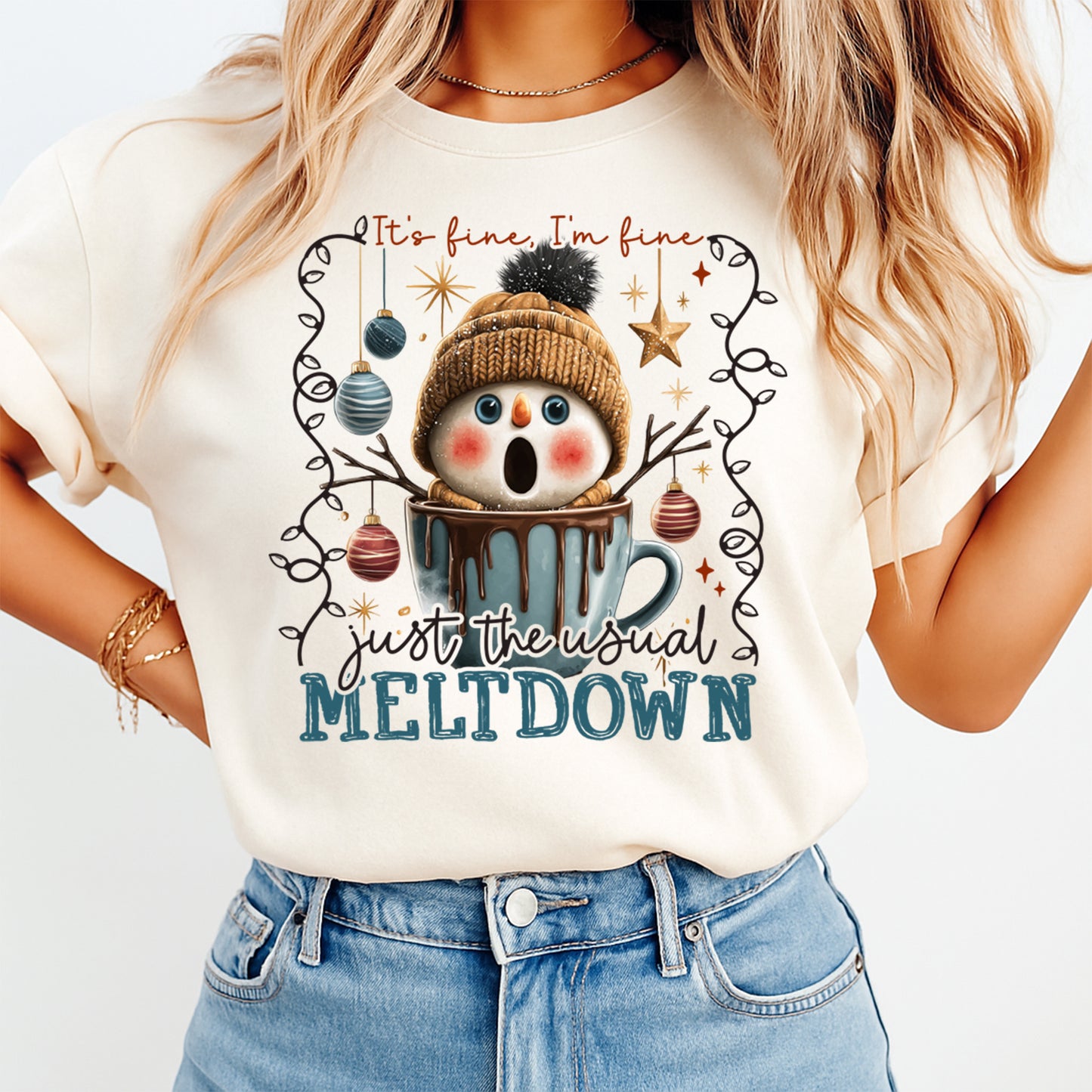 Christmas Meltdown Snowman DTF Transfer – Cozy Cocoa Quote Ready to Press Iron On Heat Transfer for DIY Christmas Shirts 12484