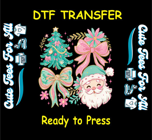 Pastel Christmas Santa wreath with bows and tree ready to press dtf heat transfer for DIY Christmas shirts