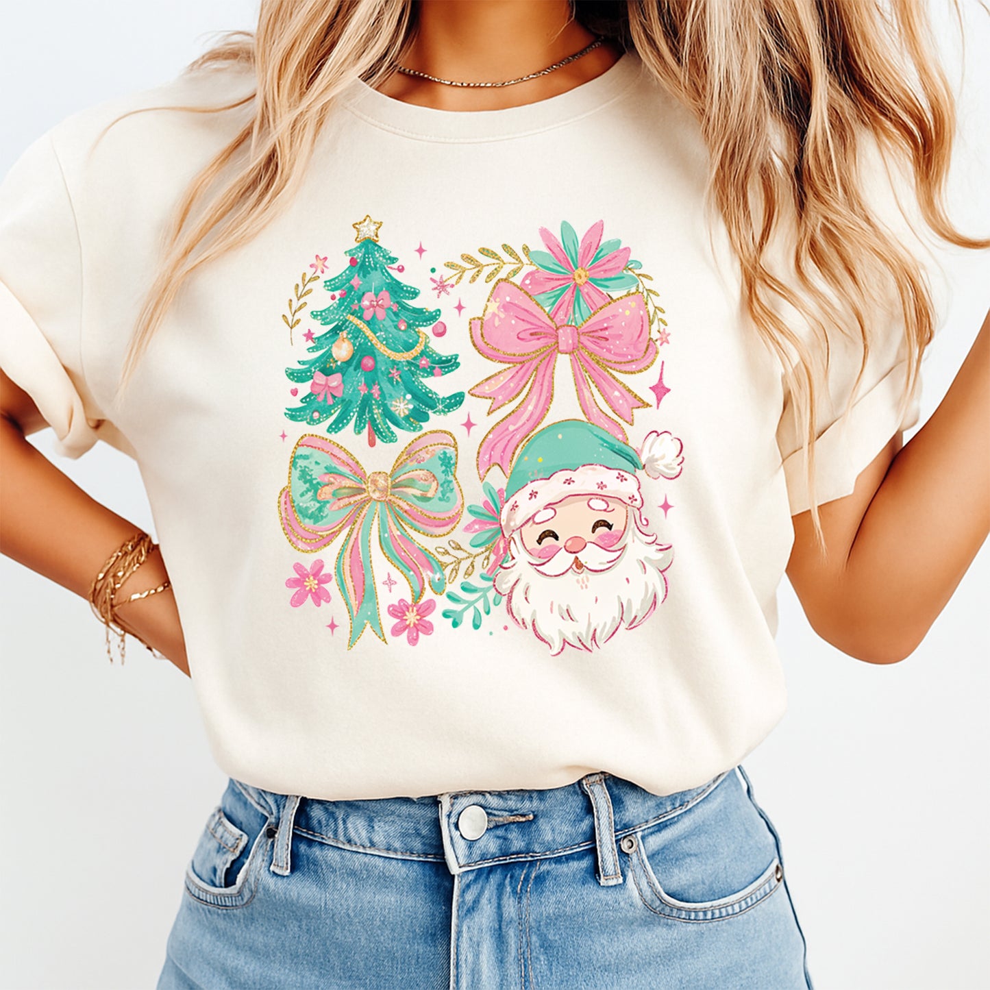 Christmas Santa Bow Wreath DTF Transfer – Pastel Holiday Icons Ready to Press Iron On Heat Transfer for DIY Christmas Shirts 12485