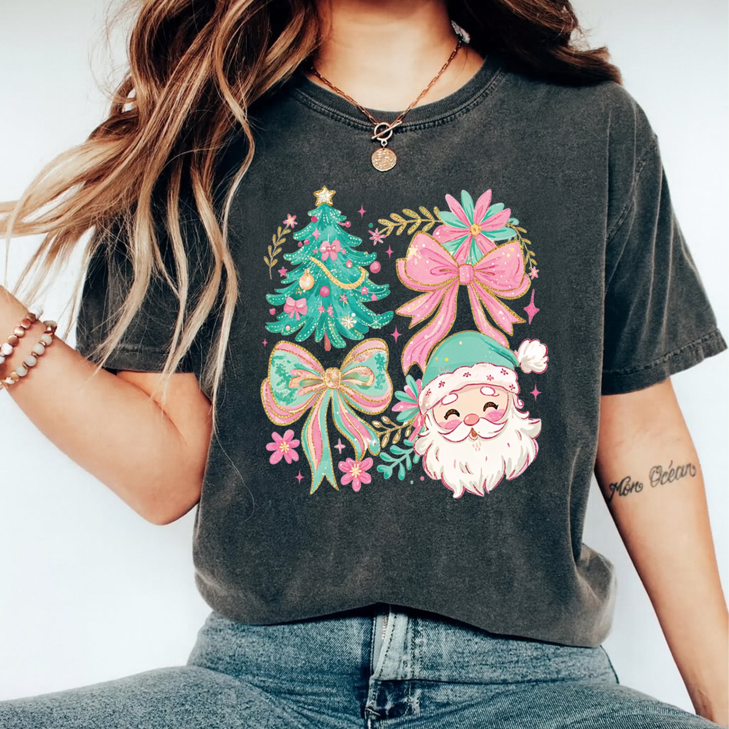 Christmas Santa Bow Wreath DTF Transfer – Pastel Holiday Icons Ready to Press Iron On Heat Transfer for DIY Christmas Shirts 12485