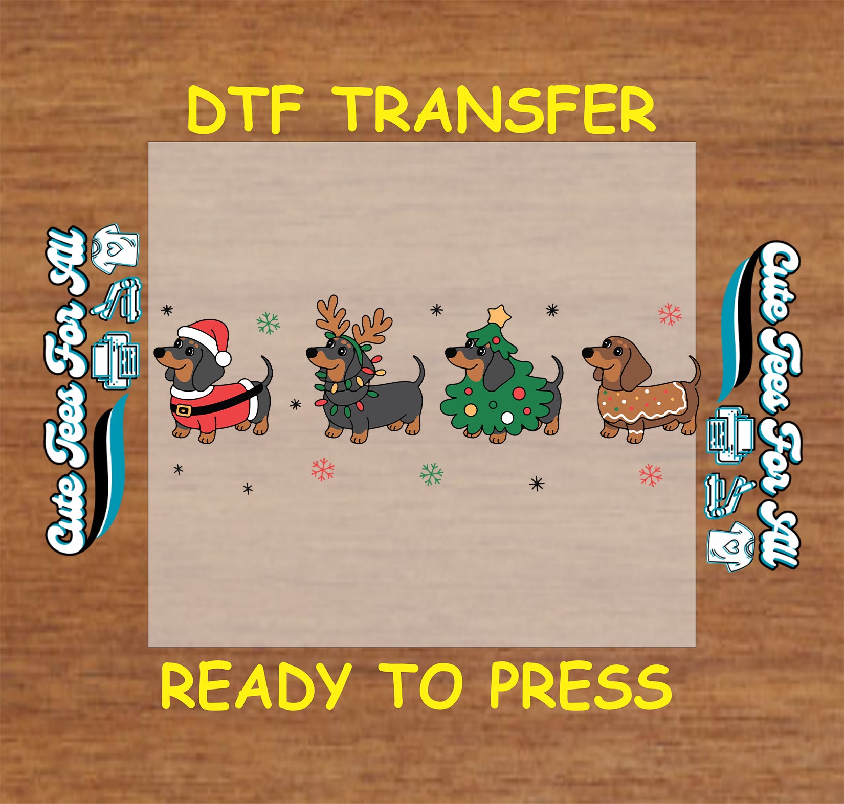 Christmas dachshund dogs in Santa reindeer tree and gingerbread outfits ready to press dtf heat transfer for DIY Christmas shirts