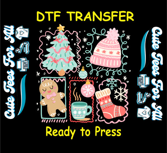 Christmas ready to press dtf transfer with pastel holiday icons including tree, gingerbread, mug, stocking, ornament, snowflakes, and winter hat