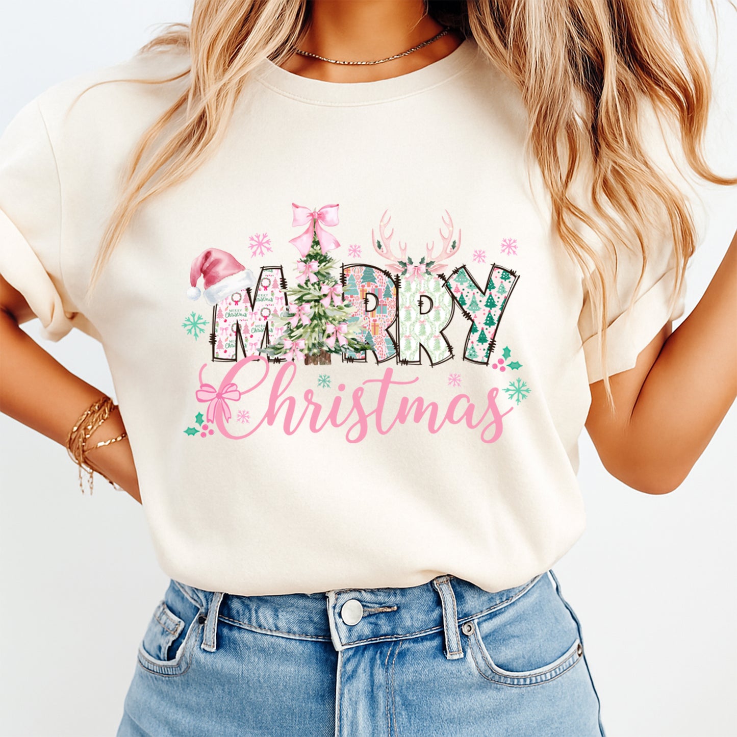 Christmas DTF Transfer – Merry Christmas Pink Bow Tree Ready to Press Iron on Heat Transfer DIY Christmas Shirts 12488
