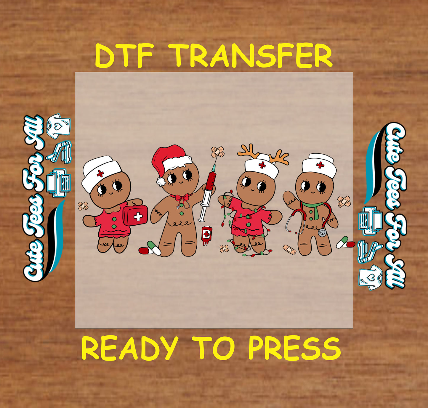 Christmas ready to press dtf transfer with gingerbread nurse characters, stethoscope, medical bag, syringe, bandages, and festive holiday details