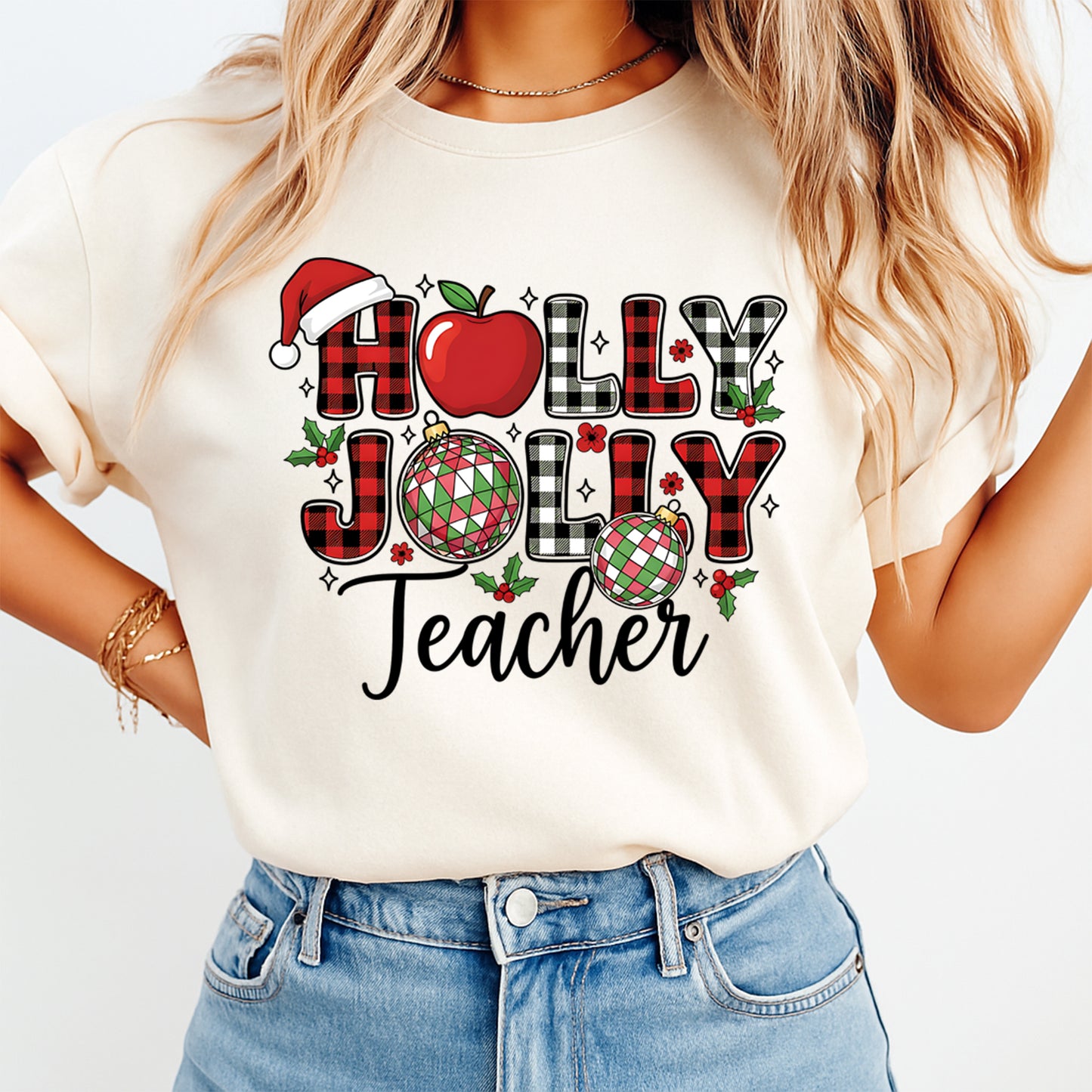Christmas DTF Transfer – Holly Jolly Teacher Ready to Press Iron on Heat Transfer DIY Christmas Shirts 12492