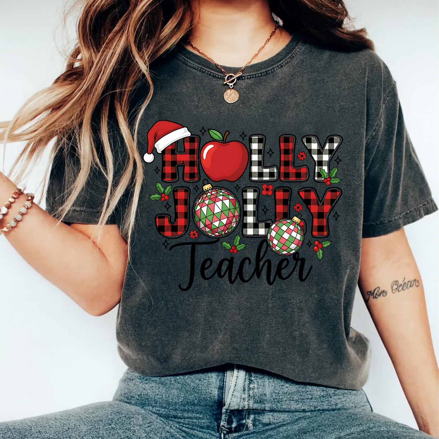 Christmas DTF Transfer – Holly Jolly Teacher Ready to Press Iron on Heat Transfer DIY Christmas Shirts 12492