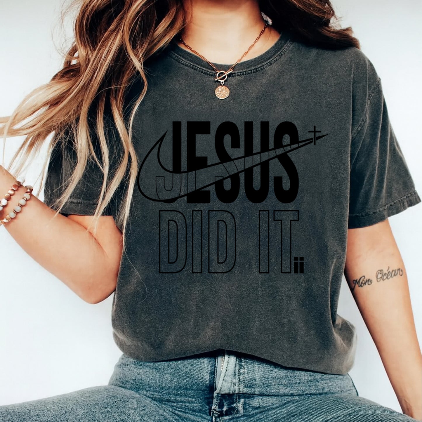 Christian DTF Transfer – Jesus Did It Cross Arrow Ready to Press Iron on Heat Transfer DIY Faith Shirts 12494