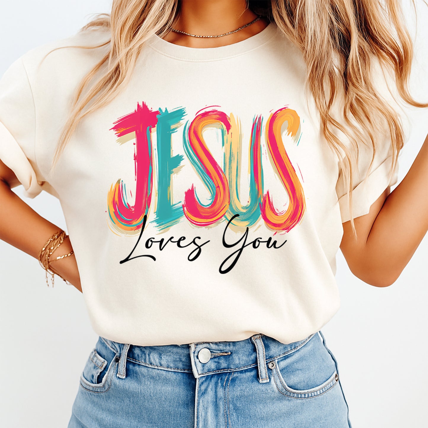 Christian DTF Transfer – Jesus Loves You Colorful Script Ready to Press Iron on Heat Transfer DIY Faith Shirts 12496