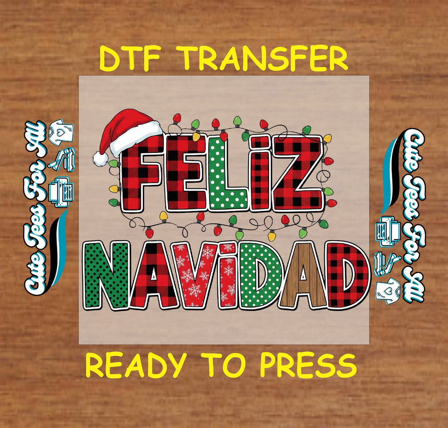 Christmas ready to press dtf transfer with Feliz Navidad text in plaid letters, holiday patterns, Santa hat, and Christmas lights