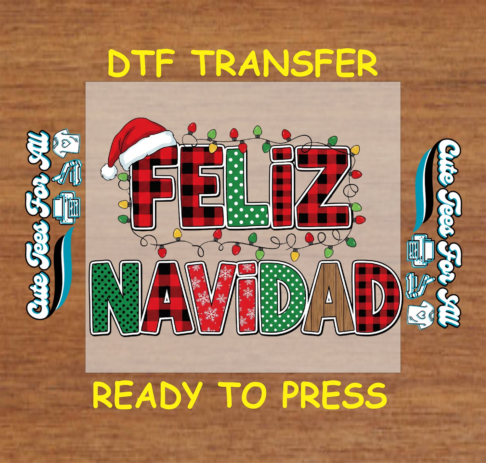 Christmas ready to press dtf transfer with Feliz Navidad text in plaid letters, holiday patterns, Santa hat, and Christmas lights