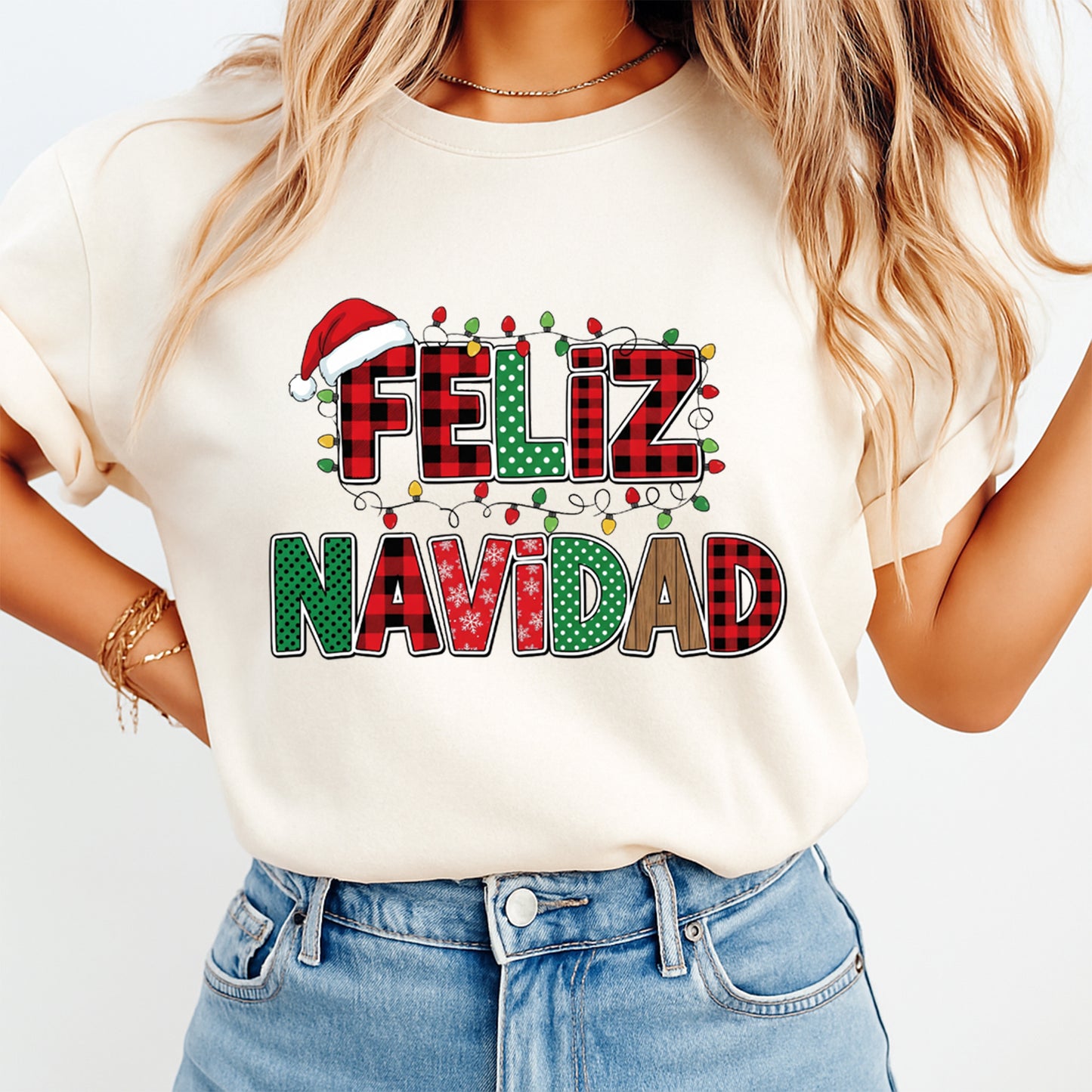 Christmas DTF Transfer – Feliz Navidad Plaid Letters Ready to Press Iron on Heat Transfer DIY Christmas Shirts 12499