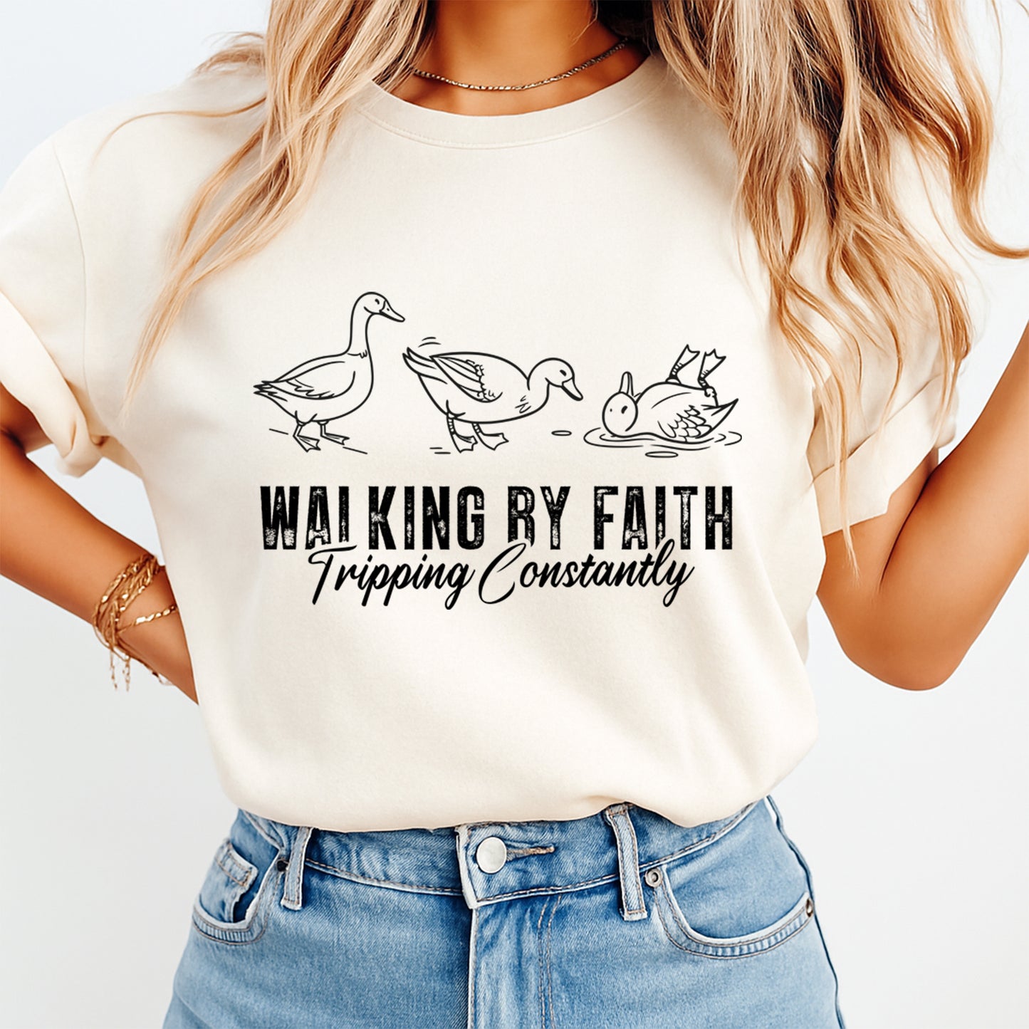 Christian DTF Transfer – Walking by Faith Ducks Ready to Press Iron on Heat Transfer DIY Faith Shirts 12501