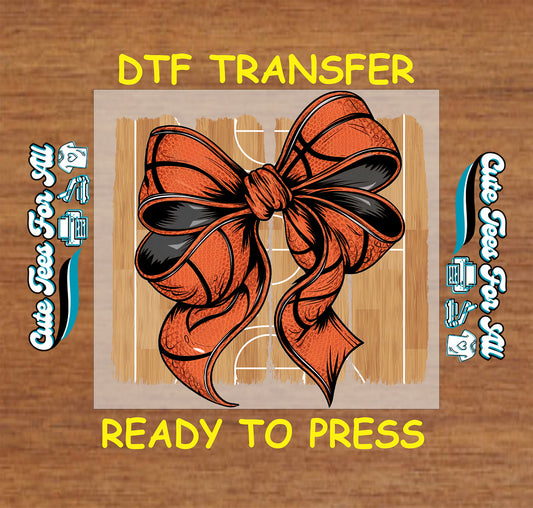 Ready to press dtf basketball bow transfer with sporty ribbon graphic for DIY basketball shirts and game day apparel
