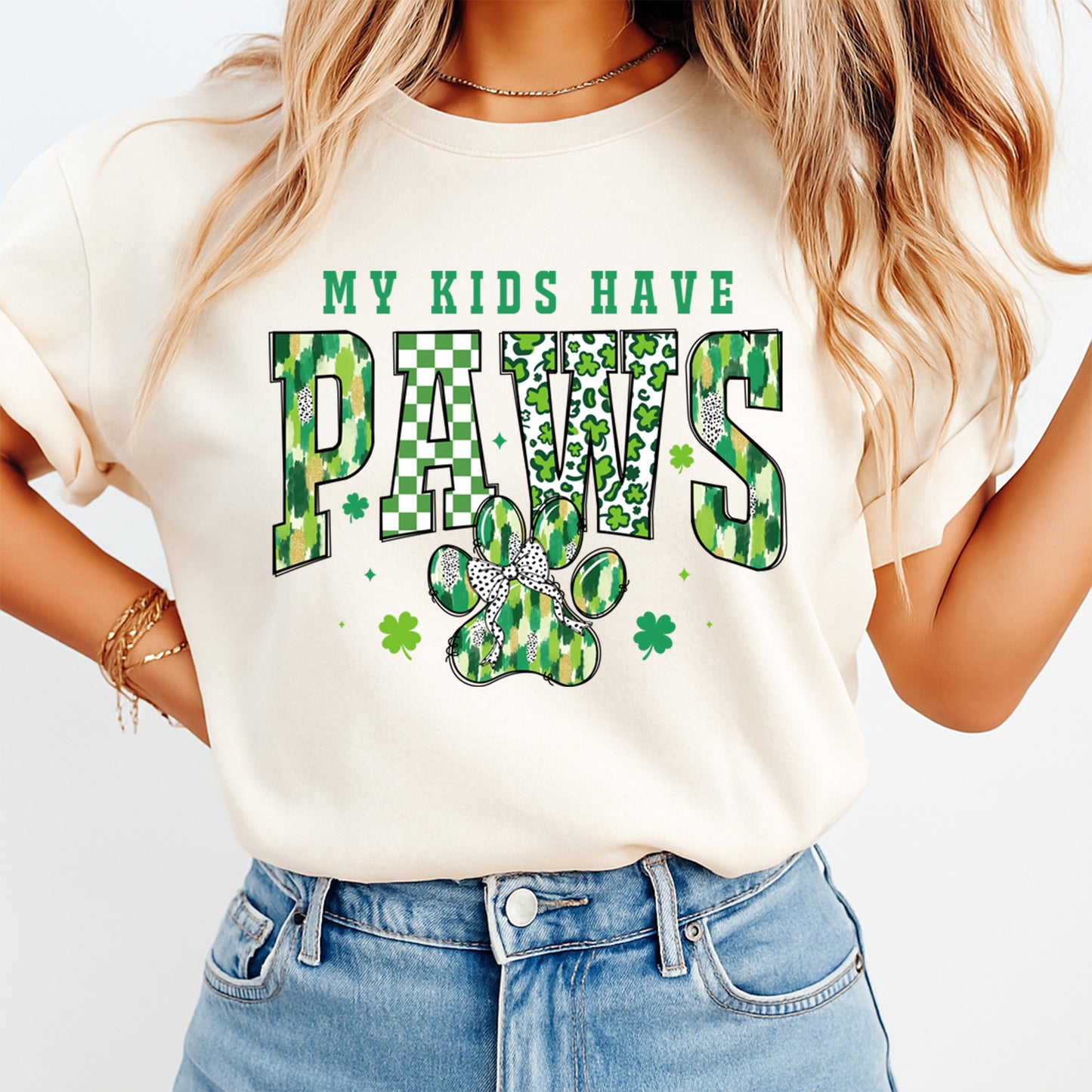 St Patricks Day Paw DTF Transfer – My Kids Have Paws Ready to Press Iron On Heat Transfer for DIY Dog Shirts 12506