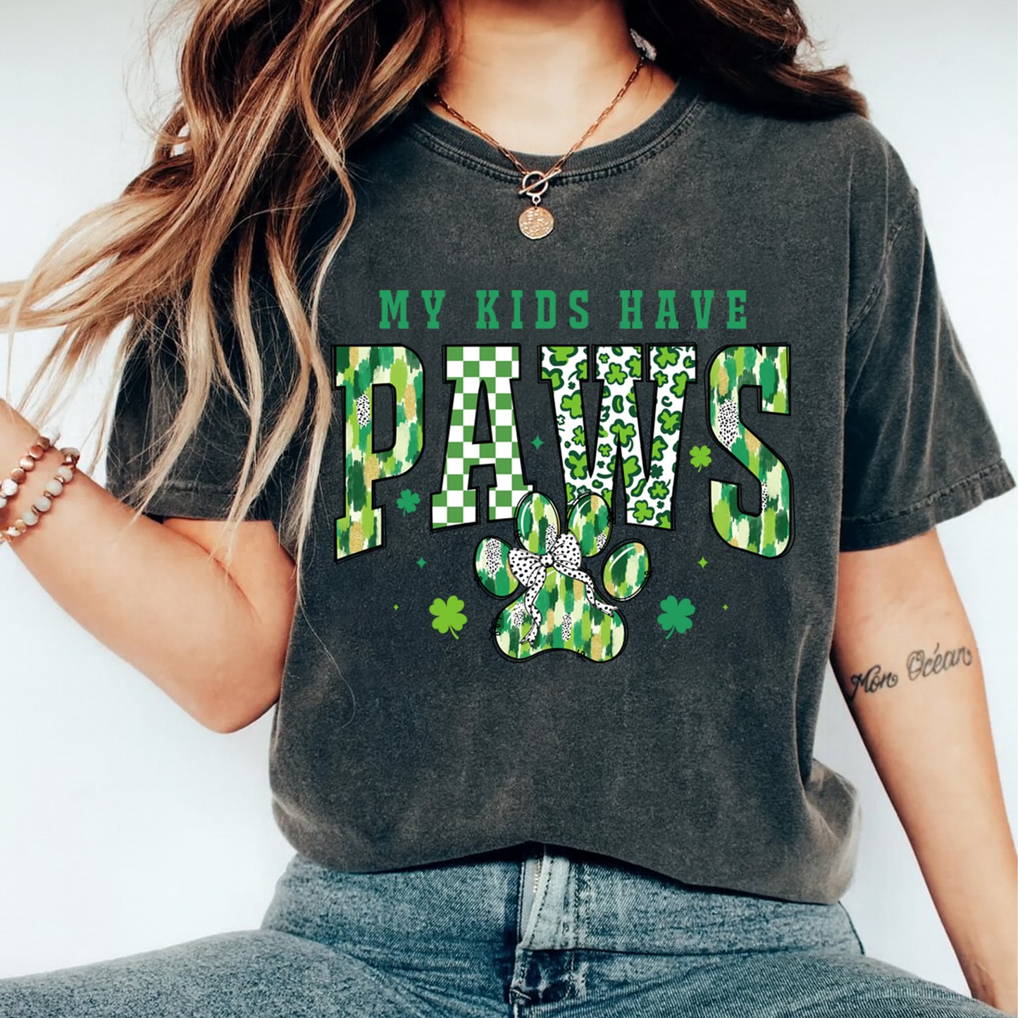 St Patricks Day Paw DTF Transfer – My Kids Have Paws Ready to Press Iron On Heat Transfer for DIY Dog Shirts 12506
