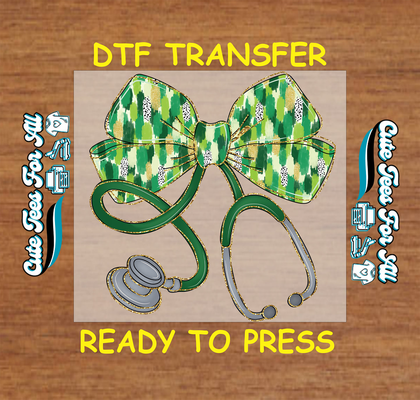 Ready to press dtf St Patricks Day nurse transfer with shamrock bow and stethoscope graphic for DIY nurse shirts