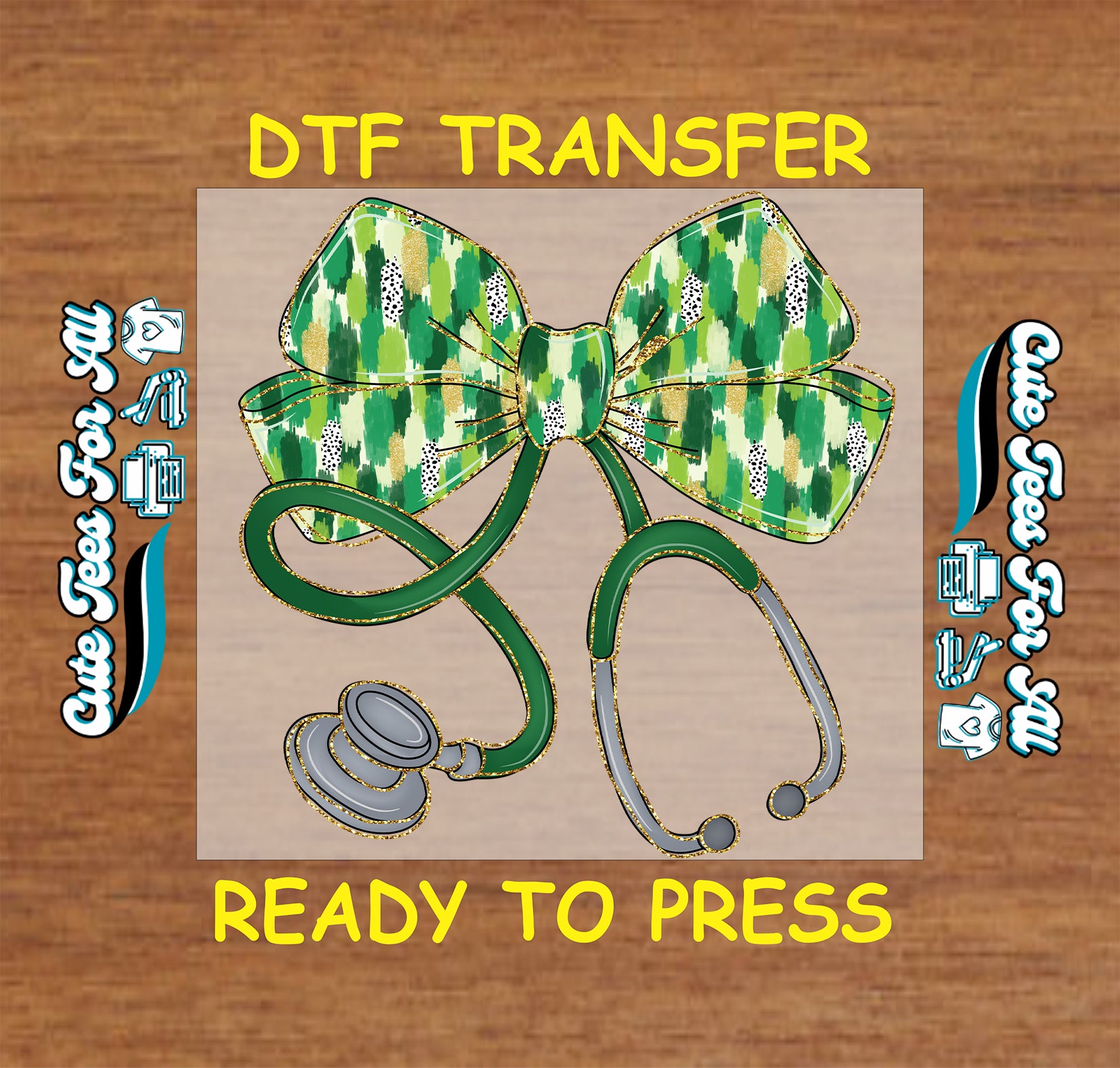 Ready to press dtf St Patricks Day nurse transfer with shamrock bow and stethoscope graphic for DIY nurse shirts