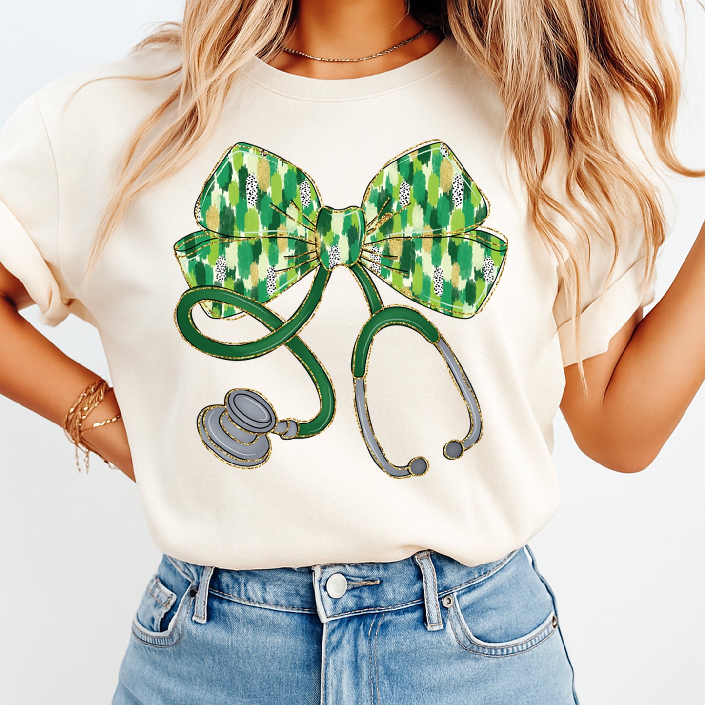 St Patricks Nurse DTF Transfer – Shamrock Bow Stethoscope Ready to Press Iron On Heat Transfer DIY Shirts 12509