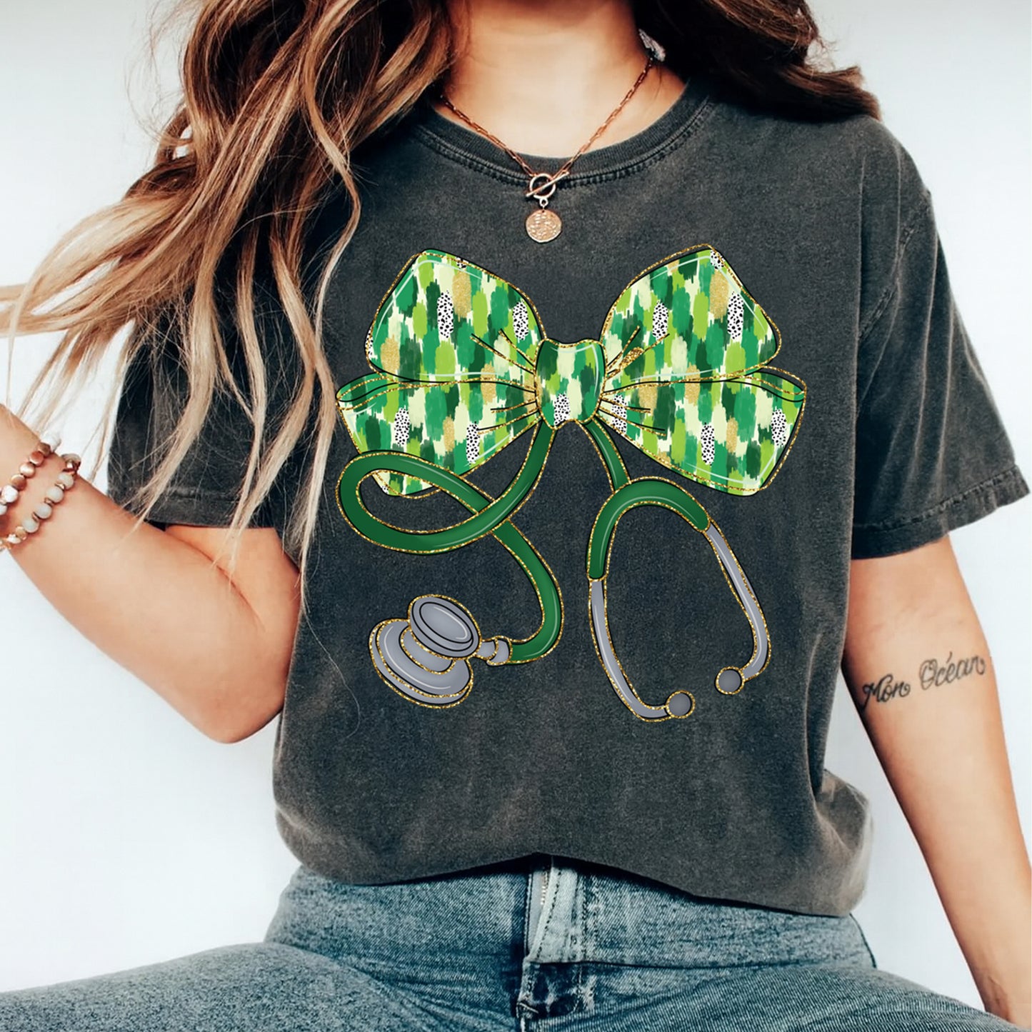 St Patricks Nurse DTF Transfer – Shamrock Bow Stethoscope Ready to Press Iron On Heat Transfer DIY Shirts 12509