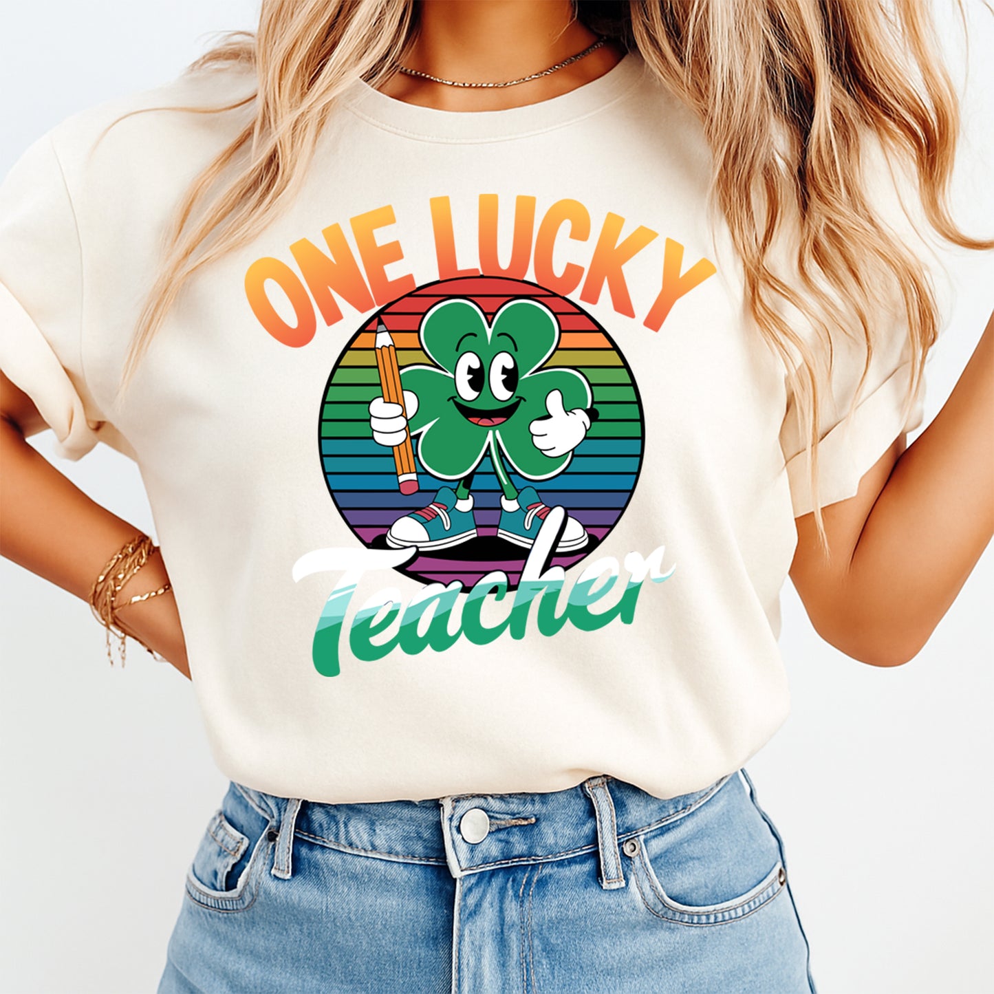St Patricks Day Teacher DTF Transfer – One Lucky Teacher Retro Shamrock Ready to Press Iron On Heat Transfer DIY St Patricks Shirts 12510