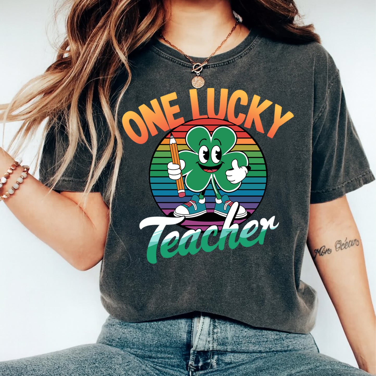 St Patricks Day Teacher DTF Transfer – One Lucky Teacher Retro Shamrock Ready to Press Iron On Heat Transfer DIY St Patricks Shirts 12510