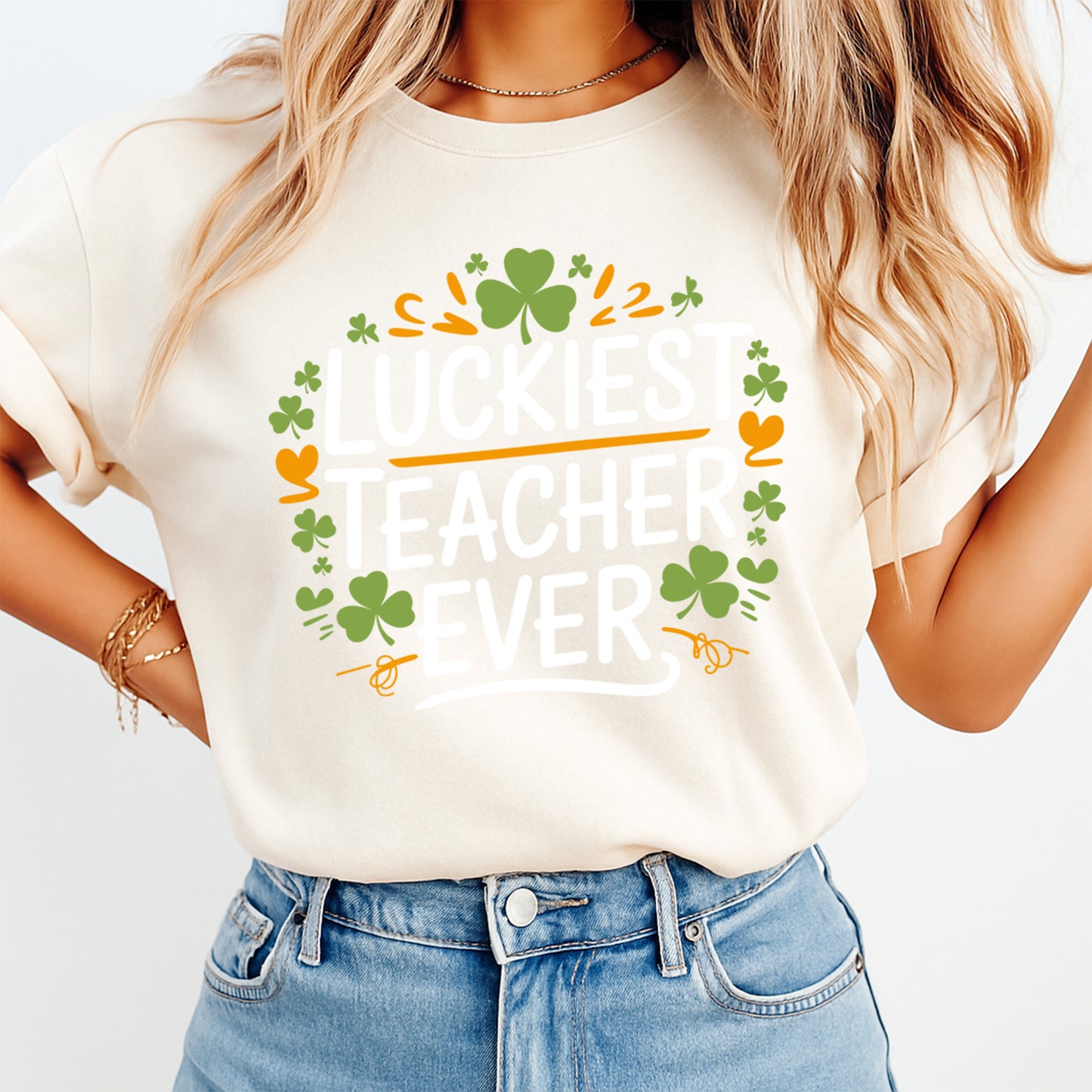 St Patricks Day Teacher DTF Transfer – Luckiest Teacher Ever Ready to Press Iron On Heat Transfer DIY St Patricks Shirts 12511