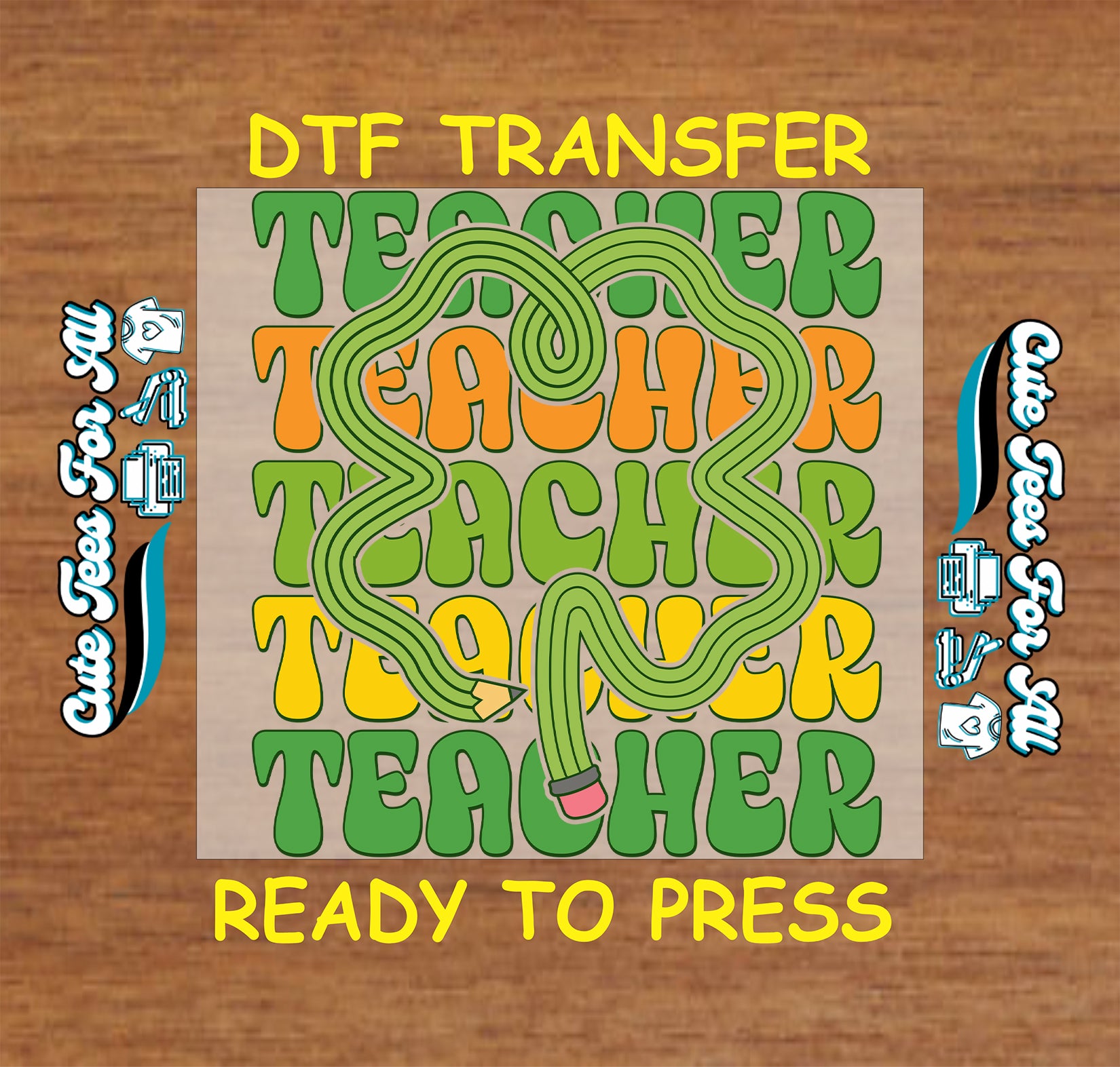 Ready to press dtf St Patricks Day teacher transfer with stacked teacher text shamrock pencil graphic for DIY shirts