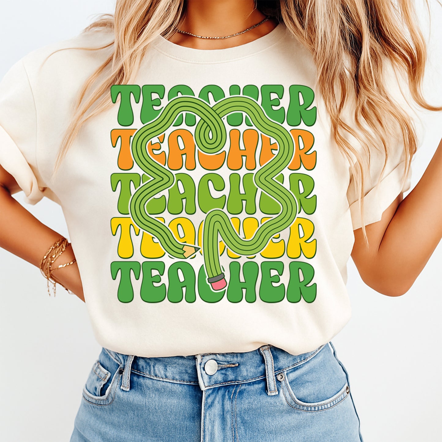 St Patricks Day Teacher DTF Transfer – Shamrock Pencil Teacher Stack Ready to Press Iron On Heat Transfer DIY Shirts 12512