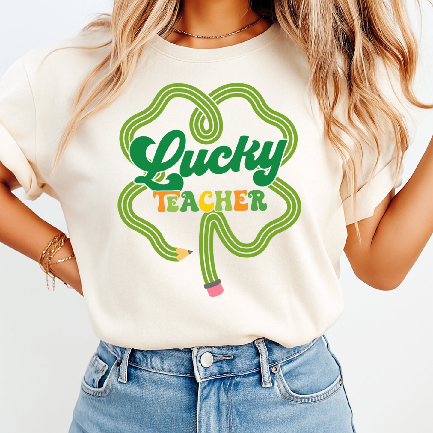 St Patricks Day Teacher DTF Transfer – Lucky Teacher Shamrock Pencil Ready to Press Iron On Heat Transfer DIY Shirts 12513