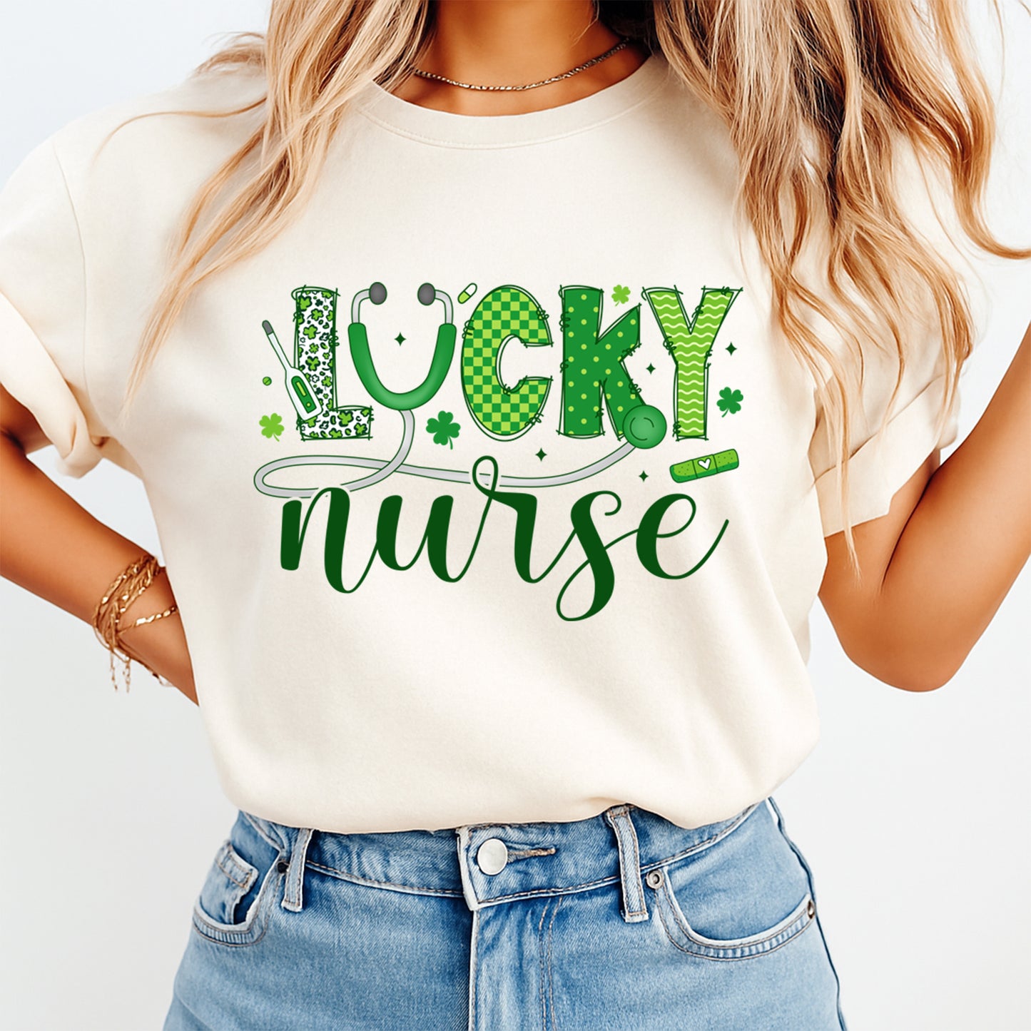 St Patricks Day Nurse DTF Transfer – Lucky Nurse Medical Shamrock Ready to Press Iron On Heat Transfer DIY Shirts 12514