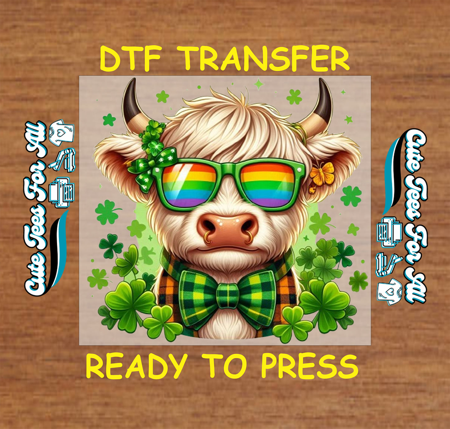 Ready to press dtf St Patricks Day cow transfer with shamrock accents bow tie and festive character illustration for DIY shirts