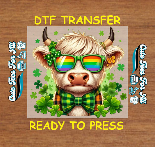 Ready to press dtf St Patricks Day cow transfer with shamrock accents bow tie and festive character illustration for DIY shirts