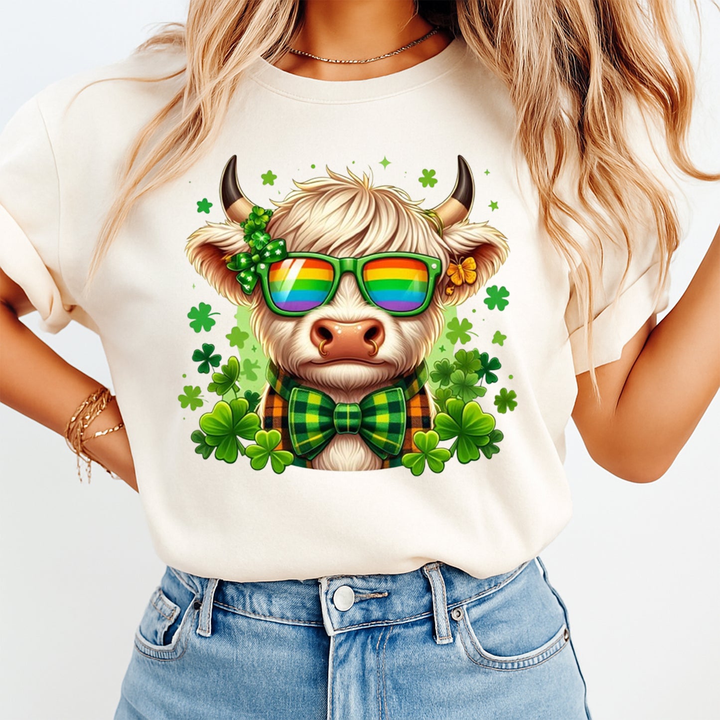 St Patricks Day Cow DTF Transfer – Shamrock Bow Tie Highland Cow Ready to Press Iron On Heat Transfer DIY Shirts 12515