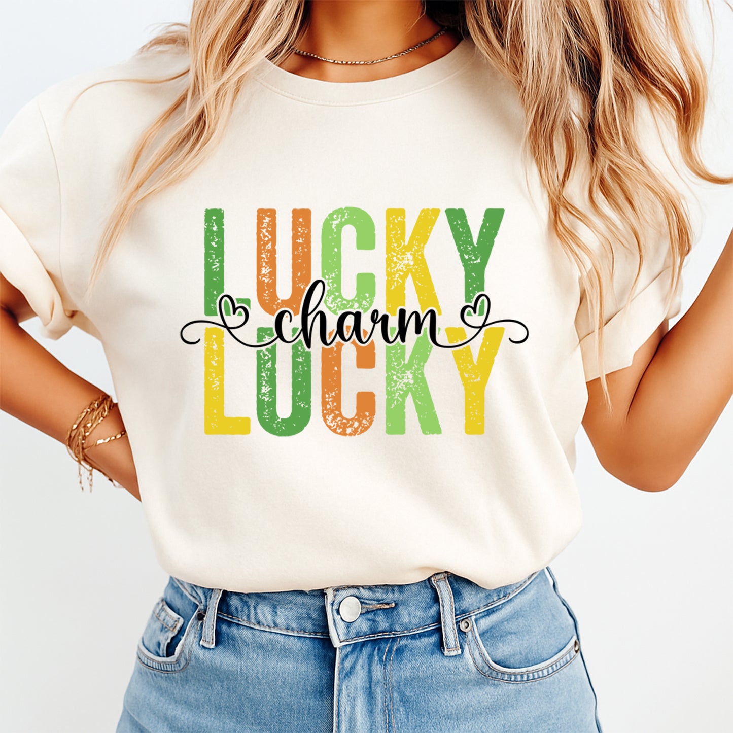 St Patricks Day DTF Transfer – Lucky Charm Typography Ready to Press Iron On Heat Transfer DIY St Patricks Shirts 12516