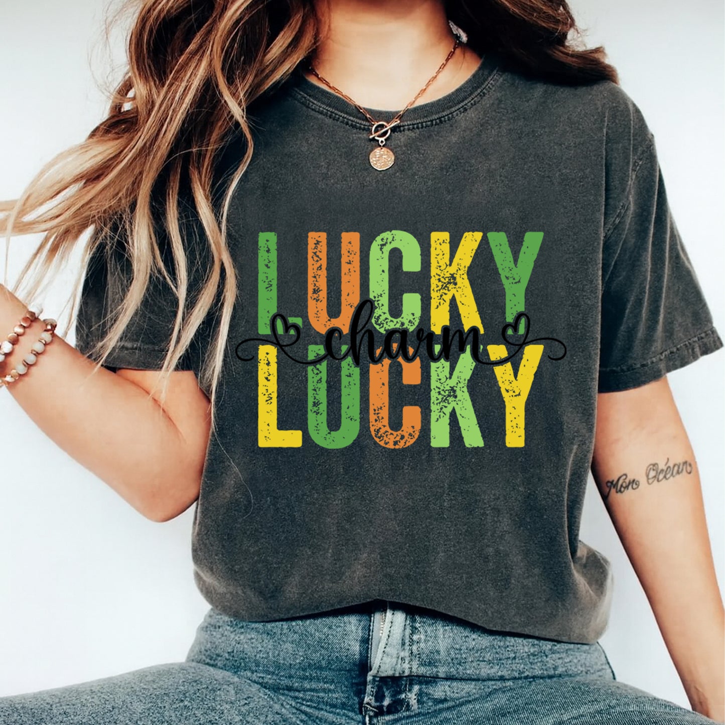 St Patricks Day DTF Transfer – Lucky Charm Typography Ready to Press Iron On Heat Transfer DIY St Patricks Shirts 12516