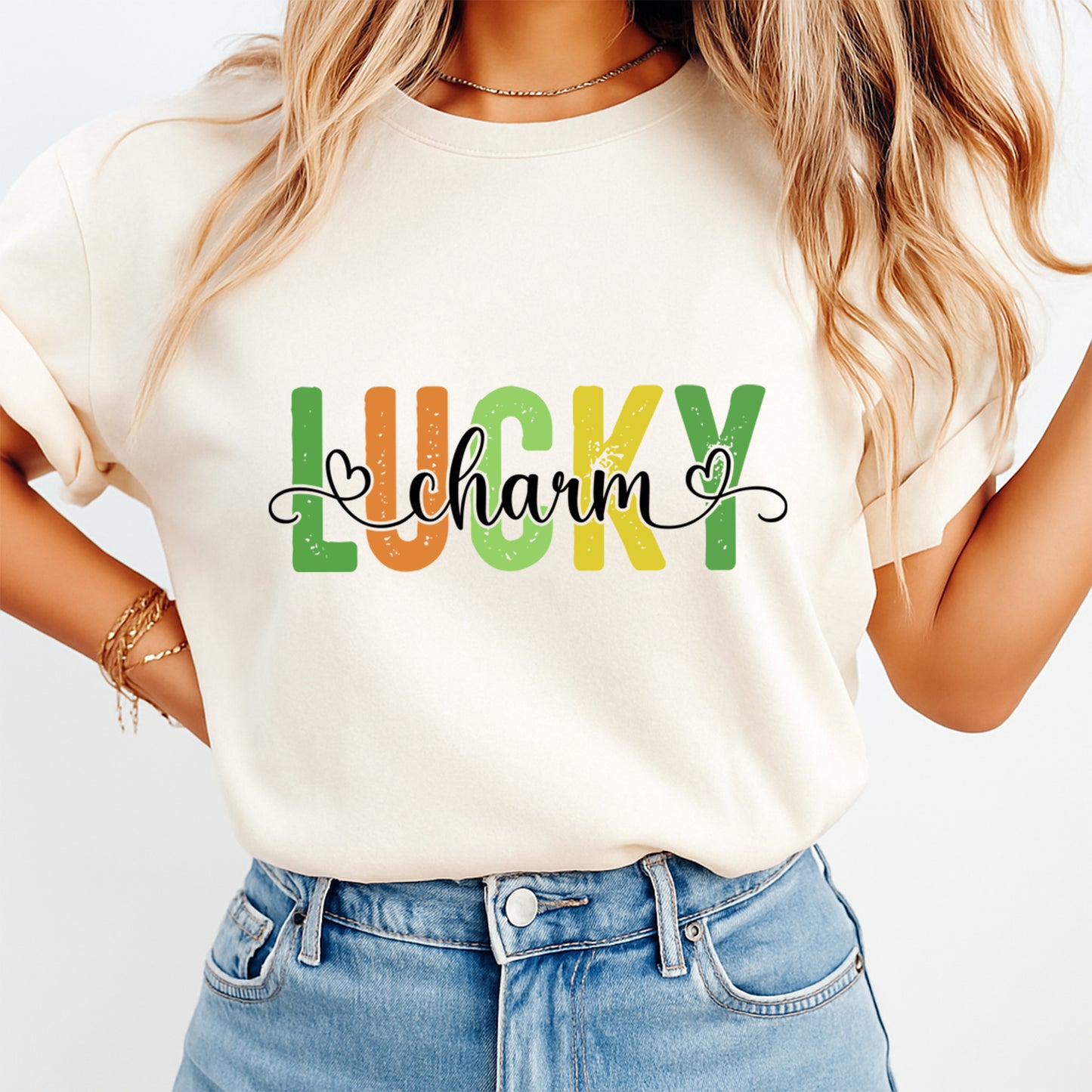 St Patricks Day DTF Transfer – Lucky Charm Script Ready to Press Iron On Heat Transfer DIY St Patricks Shirts 12517