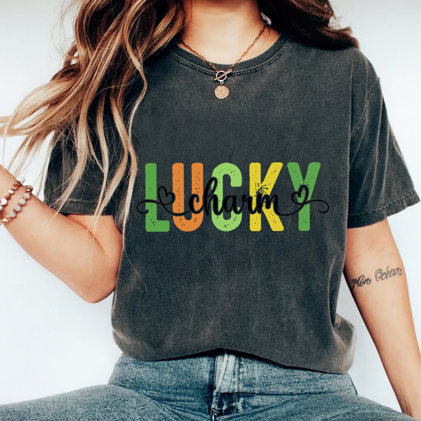 St Patricks Day DTF Transfer – Lucky Charm Script Ready to Press Iron On Heat Transfer DIY St Patricks Shirts 12517