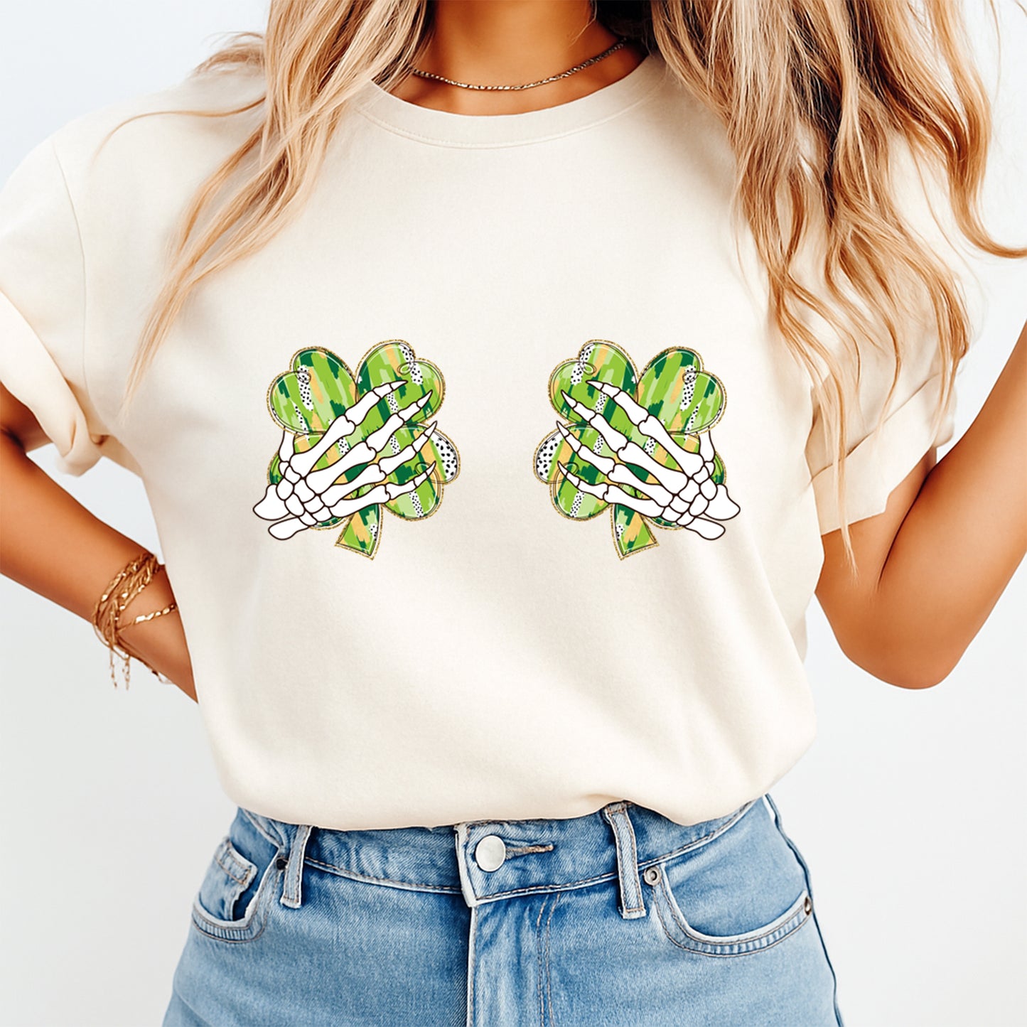St Patricks Day Skeleton Shamrock DTF Transfer – Spooky Lucky Hands Ready to Press Iron On Heat Transfer DIY Shirts 12518