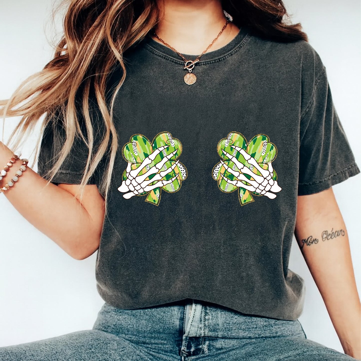 St Patricks Day Skeleton Shamrock DTF Transfer – Spooky Lucky Hands Ready to Press Iron On Heat Transfer DIY Shirts 12518