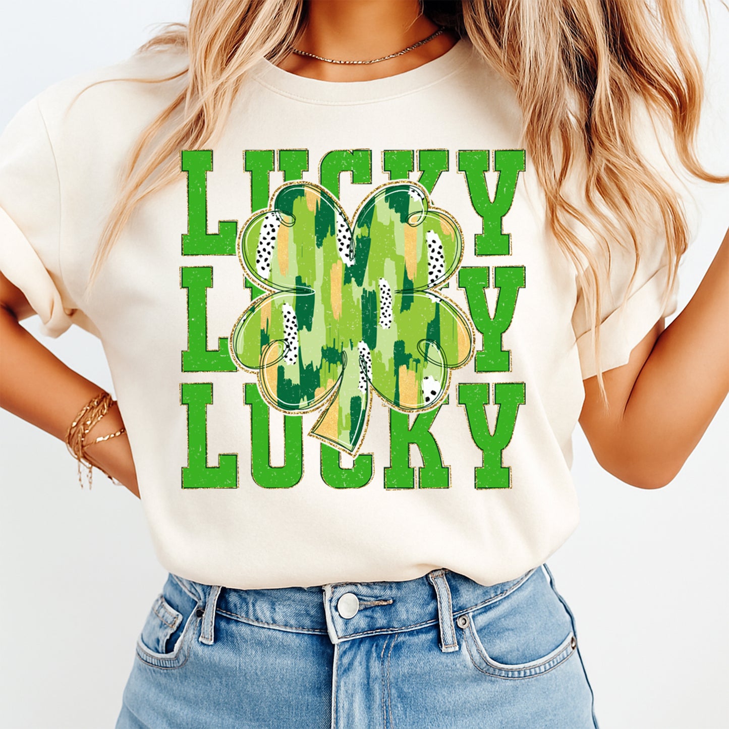 St Patricks Day DTF Transfer – Lucky Shamrock Typography Ready to Press Iron On Heat Transfer DIY St Patricks Shirts 12519