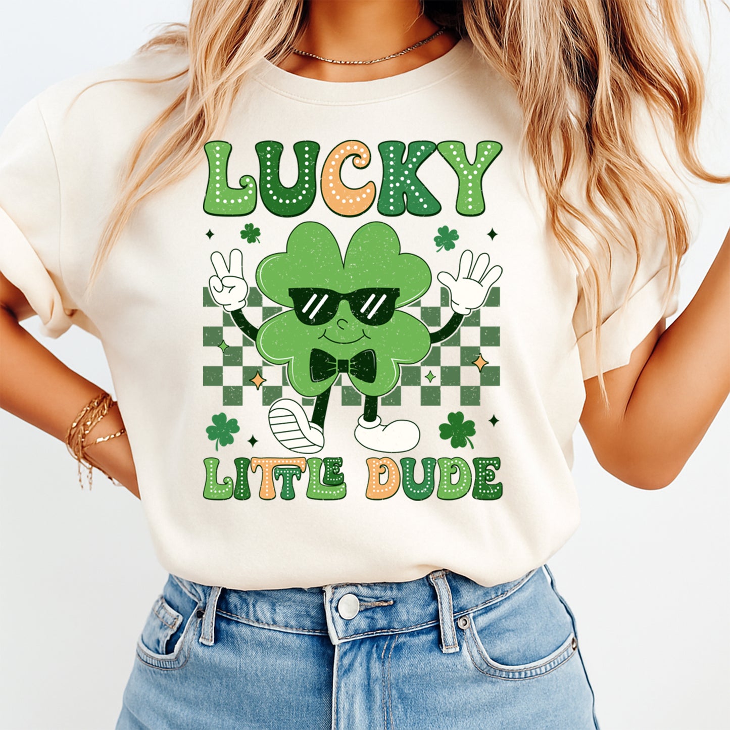 St Patricks Day DTF Transfer – Lucky Little Dude Shamrock Character Ready to Press Iron On Heat Transfer DIY St Patricks Shirts 12520